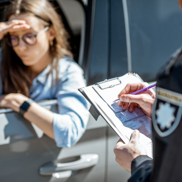 A women in the black car getting a ticket from a cop