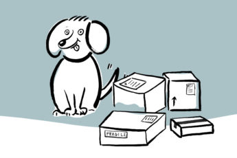 A black and white graphic design on a cartooned dog and fragile boxes beside him
