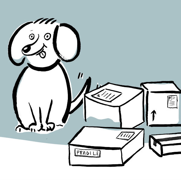 A black and white graphic design on a cartooned dog and fragile boxes beside him