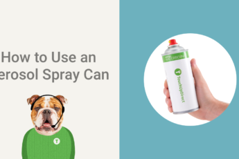 A graphic of a dog and a text that says "how to use aerosol spray can"