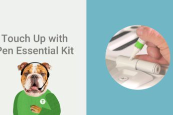 A graphic design of a dog wearing a headset with a mic and a person using the TouchUpDirect product