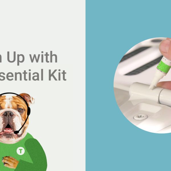 A graphic design of a dog wearing a headset with a mic and a person using the TouchUpDirect product