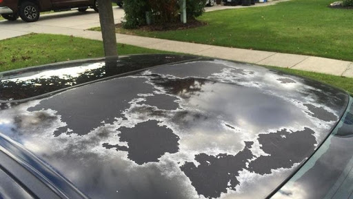 An image of a roof of a car showing the reflection of the sky