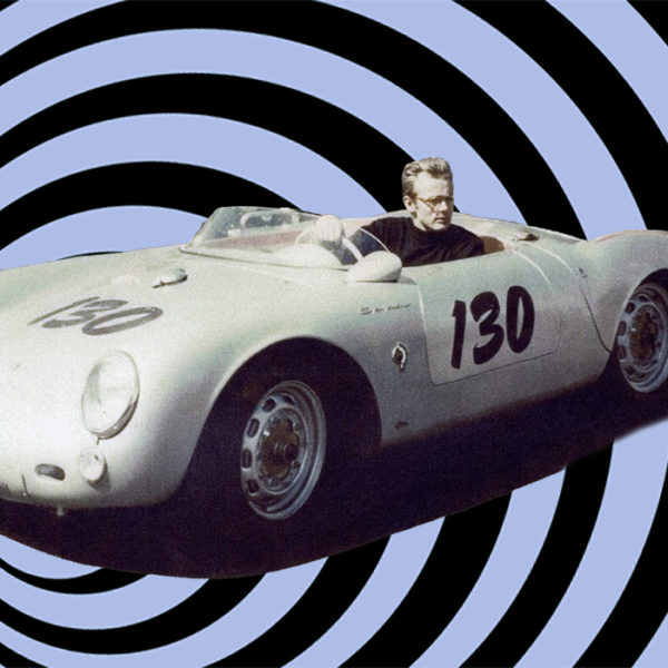 James Dean driving Porsche 550 Spyder with whirling blue and black background