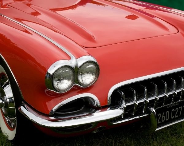 A close-up of a red corvette