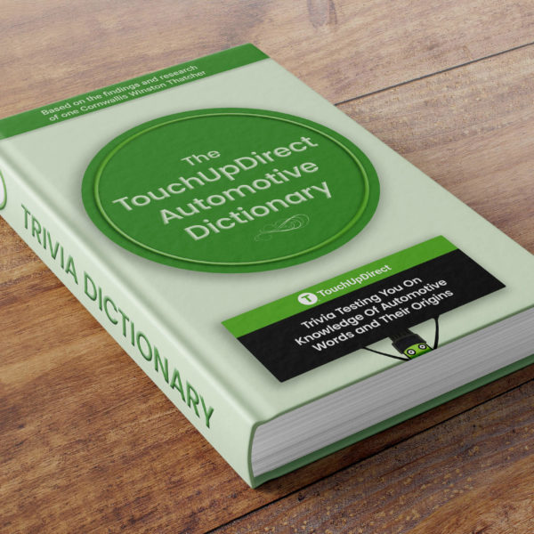 A book with colors black, green and white on the cover page, titled "The TouchUpDirect Automotive Dictionary"
