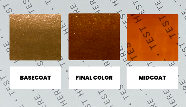 Candy Sparkling Orange Basecoat, Final Color and Midcoat on a test card.