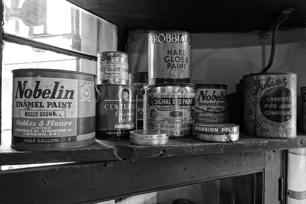 Dudley, West Midlands, England, 21st May 2021. Cans of Stoving Enamel Paint and other pre 2000s vehicle color application cans.