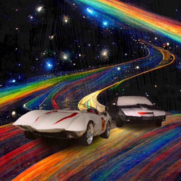 Mach 5 and KITT racing on Rainbow Road