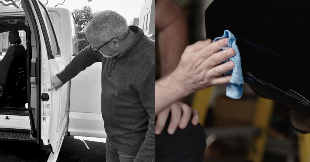 Picture 1: A man points to the color code sticker on his truck.
Picture 2: A hand wipes down a scratch with a microfiber cloth.