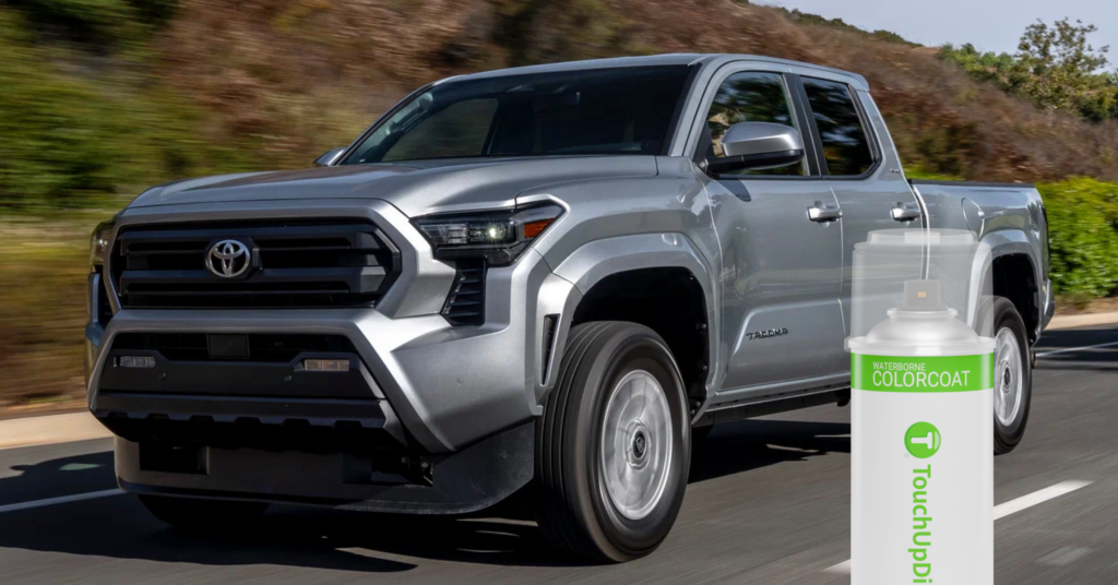 A gray/silver Toyota truck with a TouchUpDirect Aerosol applicator i the foreground.