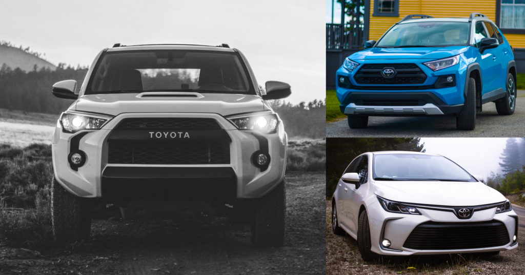 A gray Toyota, a Blue Toyota, and a Silver Toyota.