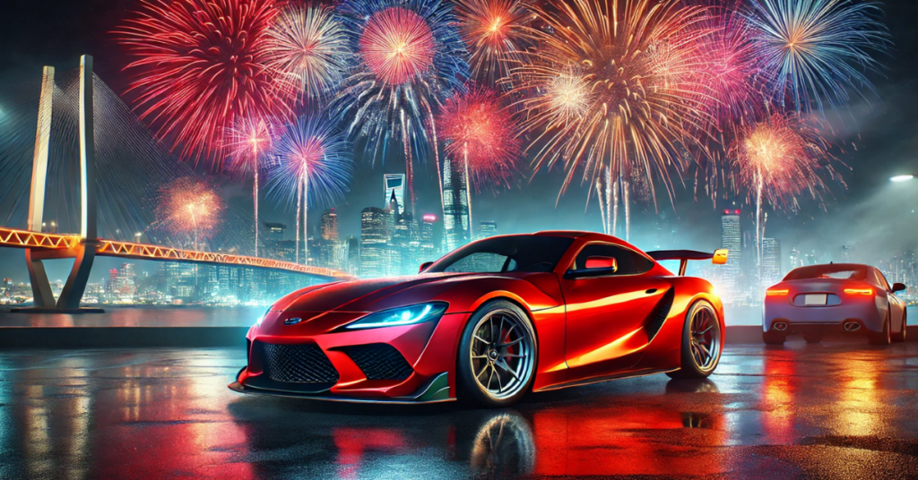 A shiny red sport car sits in front of a modern cityscape as New Year’s fireworks light up the sky.
