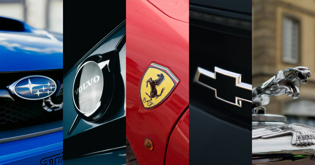 The Subaru stars, The Volvo iron symbol, Ferrari's prancing horse, the Chverolet bow tie, and the Jaguar jaguar.