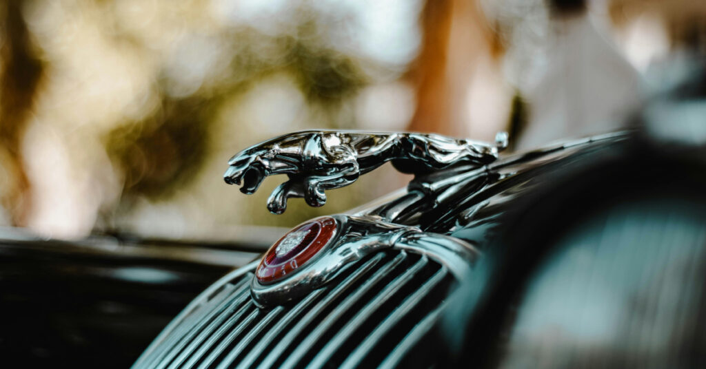 Jaguar's silver jaguar icon prances forth off the grille of one of their cars.