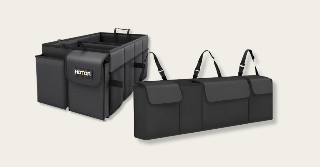 A trunk organizers shown from the front and the side.
There are many pockets.