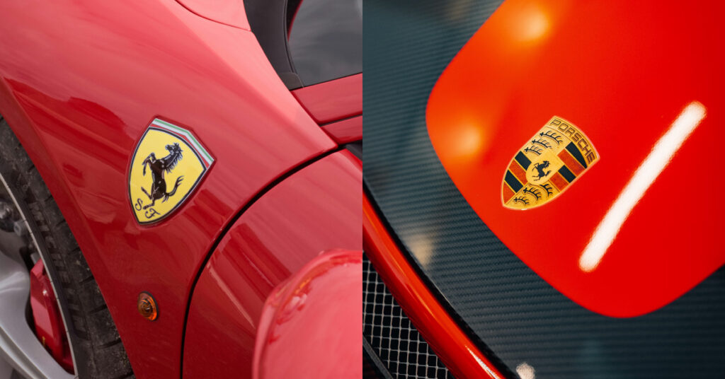 The Ferrari logo and the Porsche logo side by side.