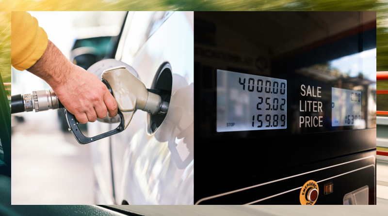 Picture 1: Someone in a yellow sweater puts gas into a white car.
Picture 2: A gas pump interface shows the sale, liter, and price.