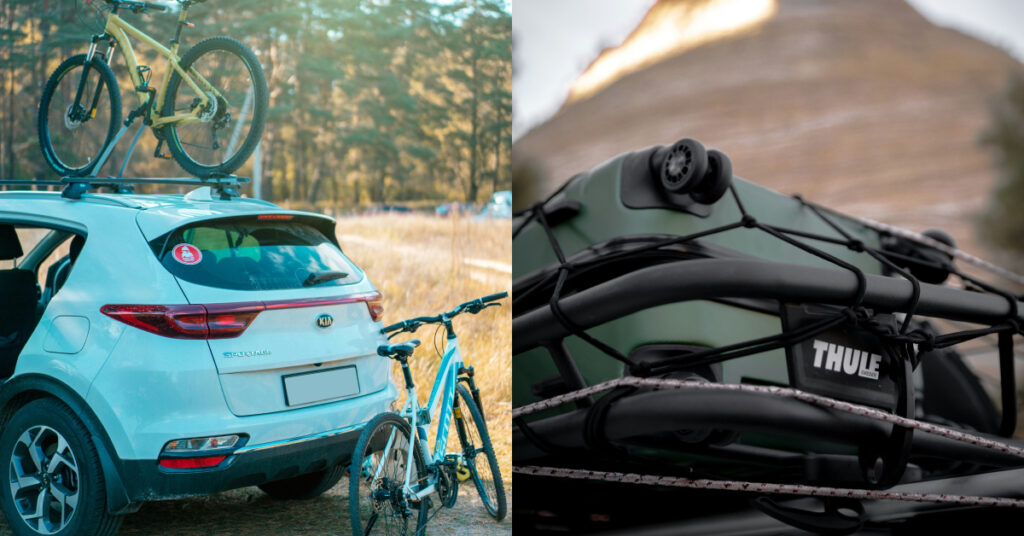 L: A white Kia with a bike rack that contains a yellow bike. A blue bike waits to be put on the bike rack.
R: A green suitcase atop a rack fixed to a car driving through the desert.