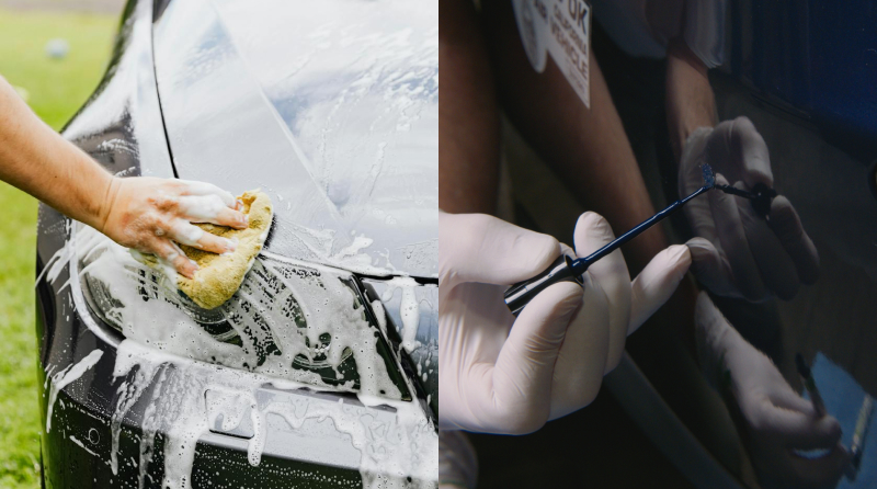 In the first picture: A hand washes a black car with a soapy sponge. The back of the car is covered in soap.
In the second picture: A hand delicately touches up a scratch on a black car with a touch up Brush.