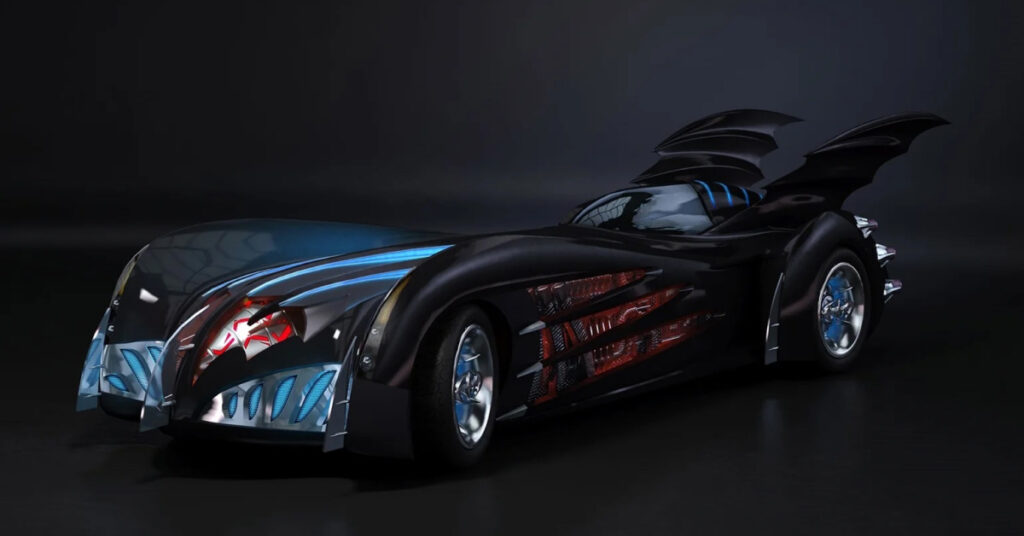 The Batmobile from Batman & Robin is black with blue and orange highlights. It also as two giant bat wing and a bubble top.