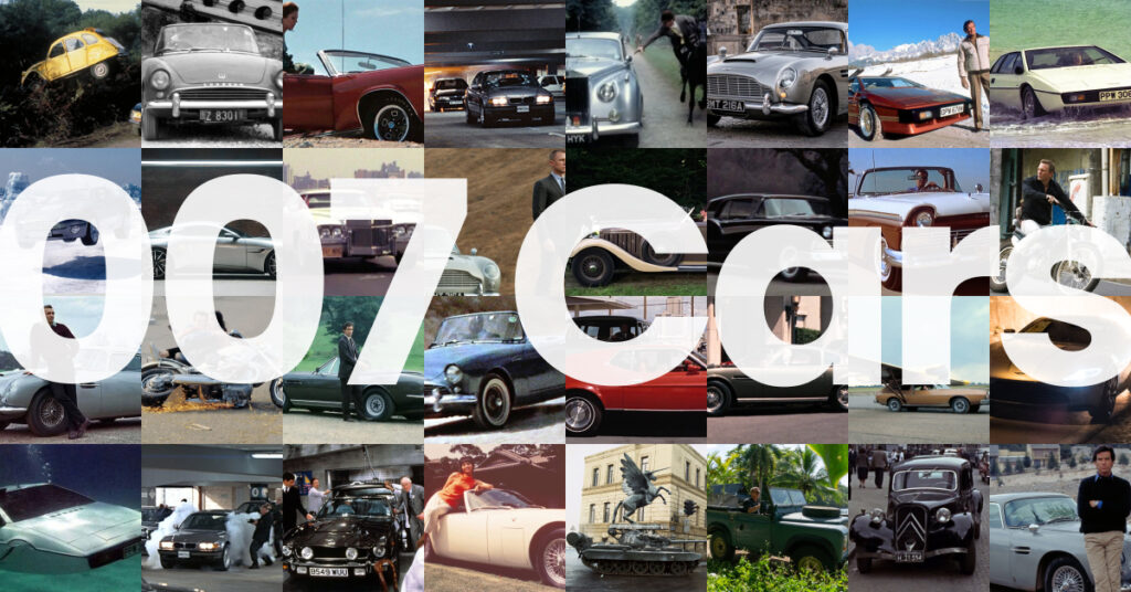 A bold white headline reads "007 Cars" over a collage of cars, motorcycles, trucks and one tank from Bond movies past.