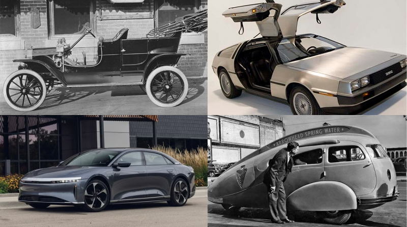 4 Pictures of cars. Top Left: 1908 Model T, Top Right: 1981 DeLorean DMC-12, Bottom Left: 1937 Arrowhead Teardrop Car, Bottom Right: 2025 Lucid Air