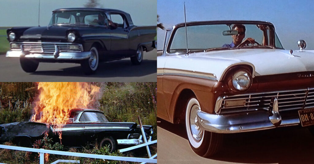 Top Left: Count Lippe drives a black Ford Fairlane in pursuit of Bond.
Bottom Left: The black Ford Fairlane on fire.
Right: Pierce Brosnan's James Bond drives a brown and white Ford Fairlane down a Cuban road.