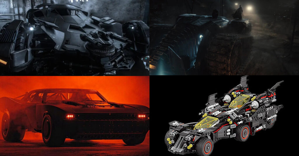 Top left: The DCEU Batmobile, Top Right: The DCEU Knightmare Tank, Bottom left: The DIY Muscle Car Batmobile from The Batman, Bottom Right: The Ultimate LEGO Batmobile from the LEGO Batman movie.