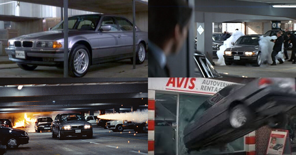 Top Left: A gray BMW 750iL
Top Right: The BMW teargasses henchmen trying to break in as Bond watches from afar
Bottom Left: The BMW in a car chase as a missile hurtles toward it while everything behind it is on fire.
Bottom Right: The BMW crashes into an AVIS Rental.