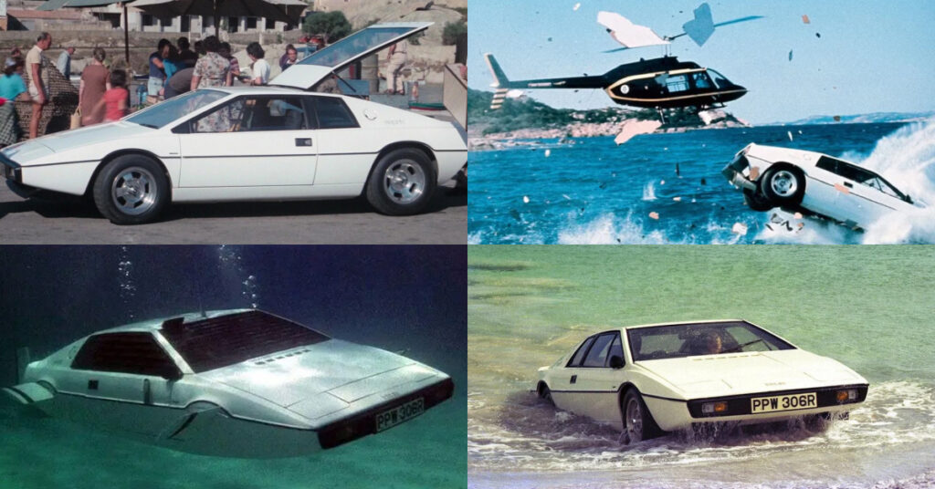 Top Left: a white Lotus Esprit S1 (Wet Nellie) with its trunk open surrounded by people
Top Right: A black and gold helicopter chases Wet Nellie into the ocean.
Bottom Left: Wet Nellie is now a submarine and is swimming underwater.
Bottom Right: Wet Nellie emerges from the ocean.